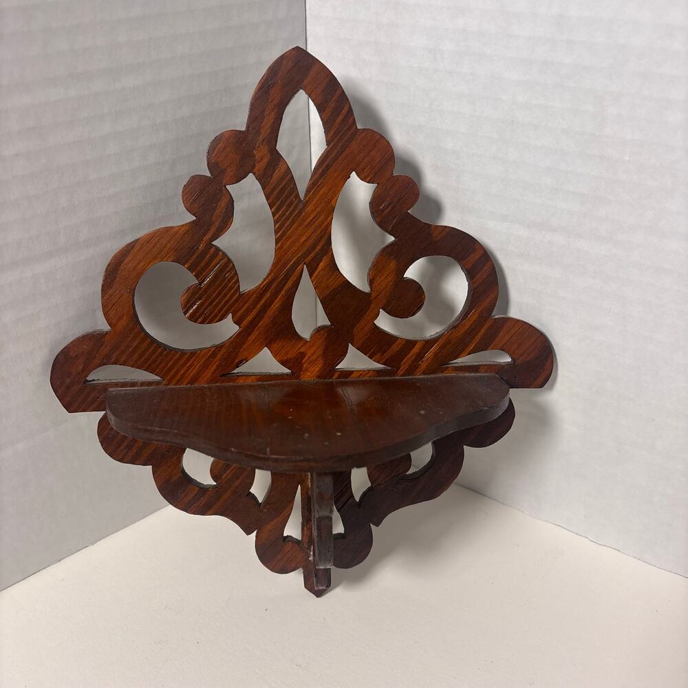 Vintage Dark Walnut Wood Shelf Ornate Fretwork Design 9" x 9.5" - Picture 3 of 10